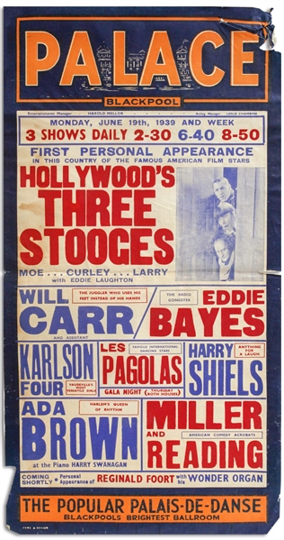 12.5 x 24 Poster From June 1939 Advertising The Three Stooges Show at the Blackpool Palace in England -- Curly Misspelled as Curley